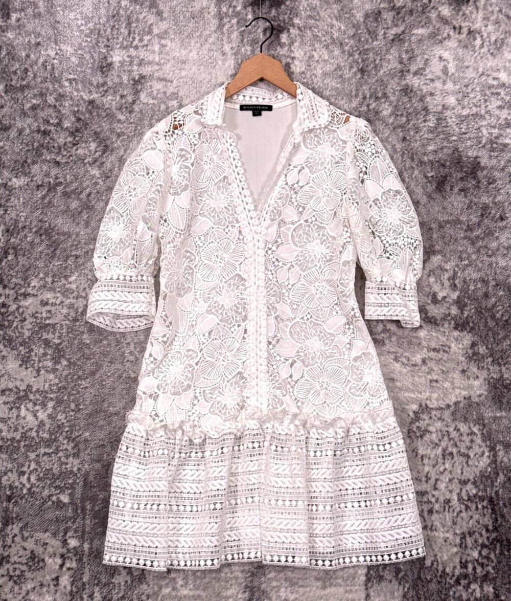 Boston Proper Dress Medium Womens White Eyelet Collared 3/4 Sleeve